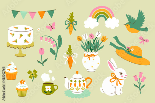 Cute set of spring items in delicate colors. Vector graphics