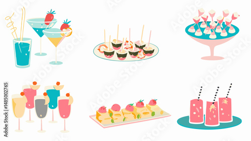 Illustration of various cocktails and appetizers including drinks and desserts on white background scene