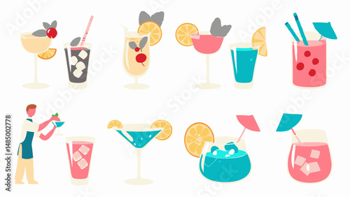 Collection of colorful cocktails and drinks with fruit garnish and a bartender preparing drinks