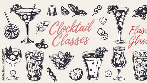 Illustration showcasing various cocktail glasses with ice cubes and citrus slices in a sketch style design