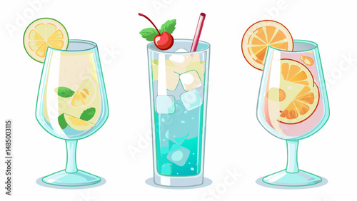 Three colorful cocktails in glasses with fruit slices and ice cubes arranged side by side on a white background