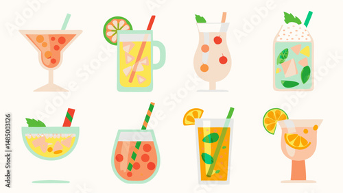 Collection of various stylized cocktails and drinks with fruit and straws on a white background