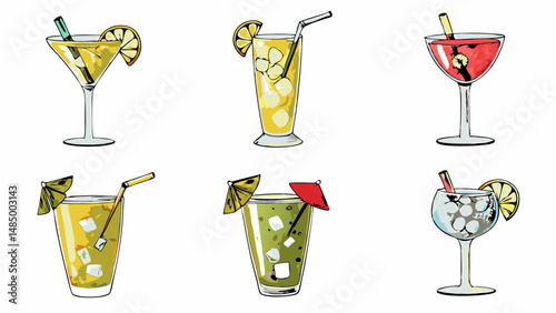 Illustration of six different cocktails with fruit slices and straws on a white background