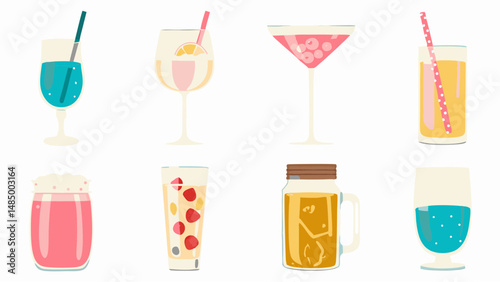 Illustration of various colorful cocktails and drinks in different glasses with straws on a white background