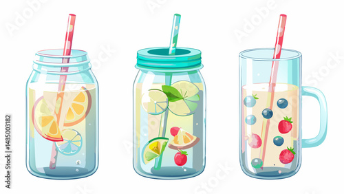 Three drinks in glass containers with straws and fruit slices in bright and colorful illustration style