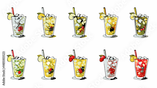 Ten glasses of fruit cocktails with ice cubes and straws arranged on a white background in a pattern