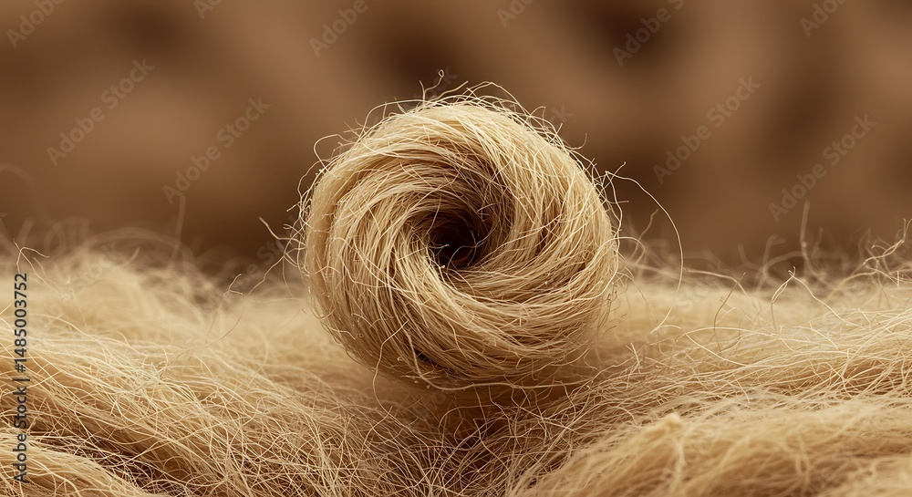 Fototapeta premium Beige Yarn Ball Close-Up: Textured Wool Spiral for Craft Projects and Textile Arts, Warm Natural Fibers and Fiber Design Concept
