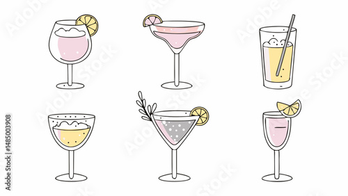 Illustration of six stylized cocktail glasses with various drinks and lemon slices on a white background