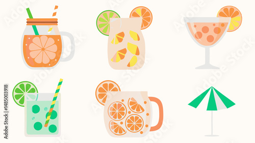Illustration of various refreshing drinks decorated with citrus fruits and a green umbrella on a white background