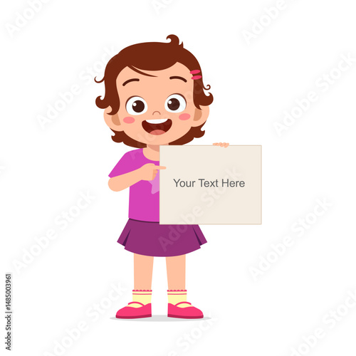 Happy Little Girl Holding a Blank Sign and Pointing Isolated on White Background Cartoon Style