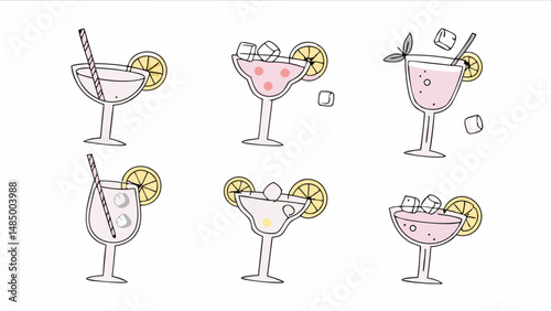 Illustration showcasing six stylized cocktails with lemon slices and various garnishes on a white background