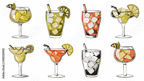 Illustration of eight different cocktails with ice cubes and citrus garnishes on a white background