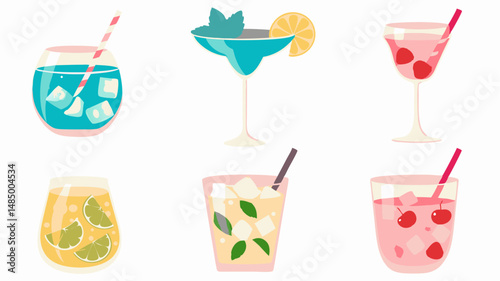 Illustration of six colorful cocktails with various fruits and ice cubes on a white background design style