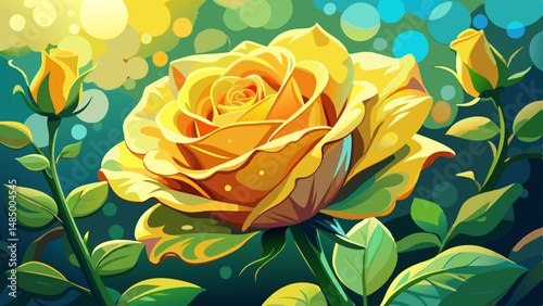 Beautiful blooming yellow rose in the garden. Bright daylight. Beautiful bokeh. Closeup of rose. Space for text. Soft selective focus.