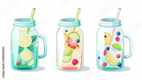 Illustration of three mason jar drinks with straws and various fruits like lemon, lime, and berries filling each jar