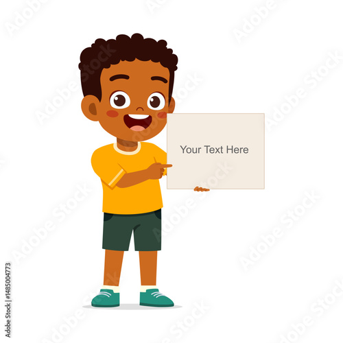 Cheerful Boy Pointing at a Sign Displaying Text, Representing Promotion and Advertisement