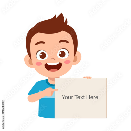 Happy Young Boy Holding a Blank Sign and Pointing at it with a Big Smile in Cartoon Style