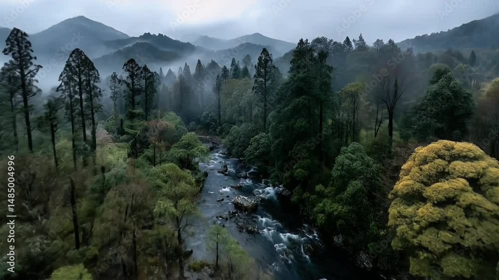 Misty river through forest landscape