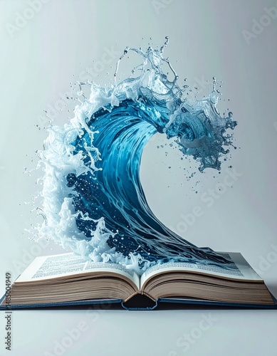 A giant, realistic ocean wave bursting from the pages of an open book, water droplets suspended in air, on a light solid background — hyper-detailed splash, cinematic lighting, clean edges, profession