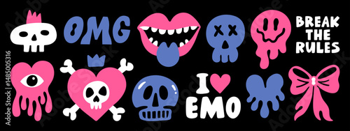 Cute hand-drawn emo stickers, tattoo art elements and phrases. Creepy love doodle concept set. Vector illustration.