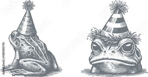 Grumpy Frog in a Party Hat | Whimsical Animal Woodcut Design | Vintage-Style Amphibian Engraving for Prints, Posters, Stickers, and Nature-Inspired Art Lovers