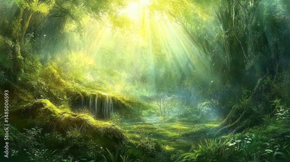 Fototapeta premium Idyllic view of a forest with sunlight filtering through lush foliage.