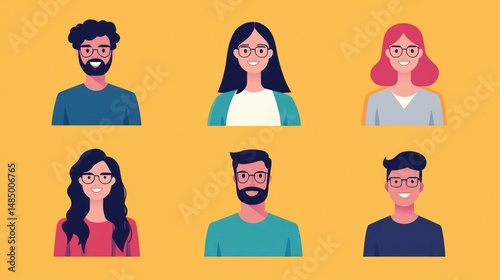 Diverse team of people in cartoon flat design avatars with eyeglasses.