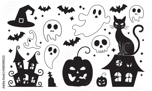 Halloween. Ghosts icon set. Collection of various scary and funny ghosts and animal ghosts. Magic symbols for parties, celebrations, templates and decorations. Isolated silhouette. Vector on white