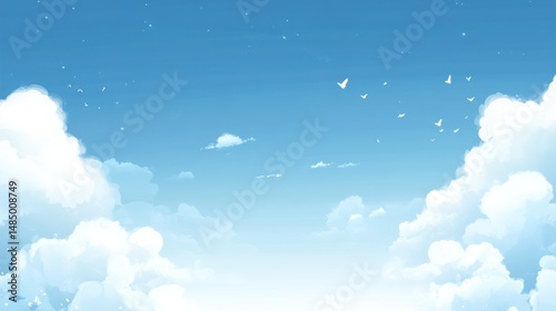 Illustration of a dreamy, blue sky filled with fluffy white clouds