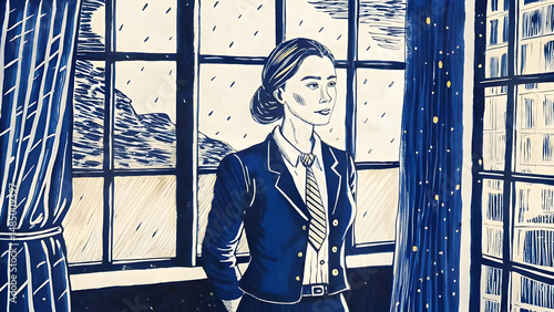 Confident young woman standing by the window in a formal outfit, looking out at a rainy scene
