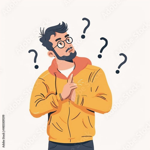 A man in a yellow jacket looks puzzled, surrounded by question marks.