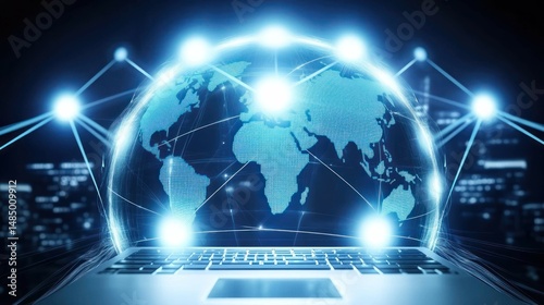 Laptop showing global connection, worldwide communications concept.