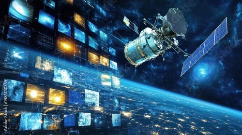 Illustration depicting a satellite orbiting earth relaying data.