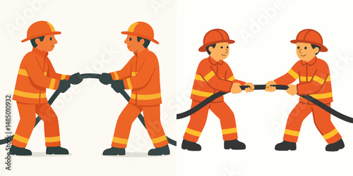 Collection of firefighters running with water hose style vector flat design