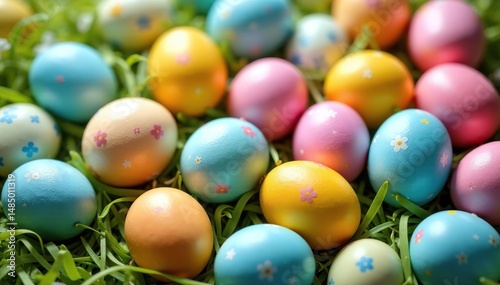 Colorful Easter eggs displayed in a festive arrangement Perfect for spring, holiday, and celebration themes , Easter, floral