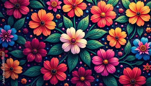 Intricate floral pattern within a hexagon, vibrant hues, graphics, vivid