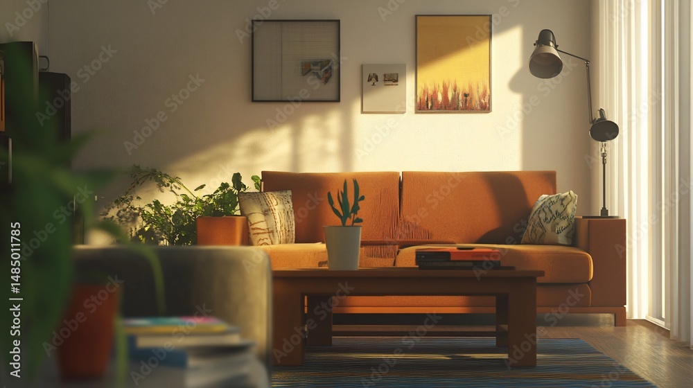 Fototapeta premium Cozy Interior Scene with Orange Sofa, Wooden Coffee Table and Warm Lighting