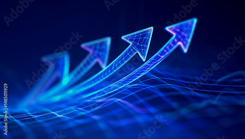 Abstract visualization of upward trending arrows indicating growth and success on blue background