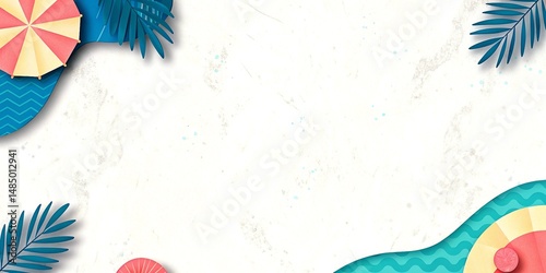 summer background featuring tropical motifs like palm leaves, beach waves, parasols, and lifebuoys. Ideal for seasonal greetings, advertisements, and party invitations.