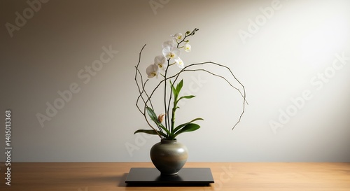 静謐な光に包まれた、優雅な蘭の生け花 This translates roughly to: 