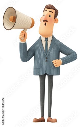 Businessman with megaphone isolated on transparent background.