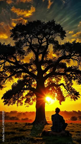 silhouette of a man sitting under a tree at sunset. Silhouetted tree with radiant sunburst lone figure meditating grassy field sunrise sunset warm hues misty horizon peaceful nature introspection.