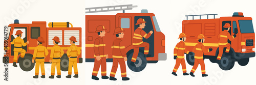 Collection of firefighter team preparing to board fire truck style vector flat design