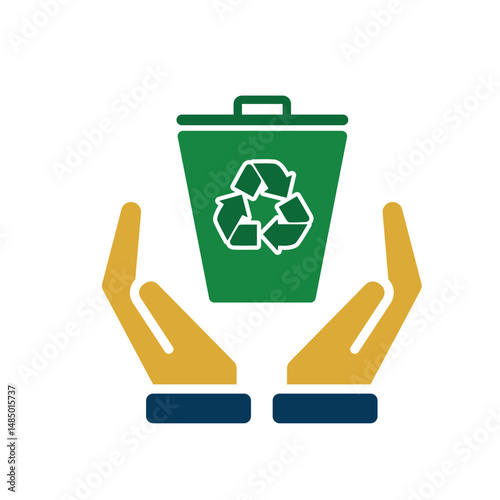 trash bin icon. recycling symbol in hand. sustainability. reuse web icon, eco-friendly, used goods, green energy. Solid design style