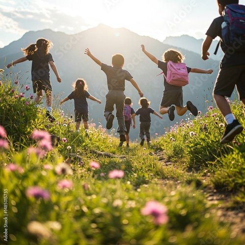 school children jumping at an outing, excursion, or field trip, at a beautiful mountain trail