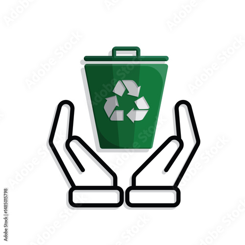 trash bin icon. recycling symbol in hand. sustainability. reuse web icon, eco-friendly, used goods, green energy. Mixed design style