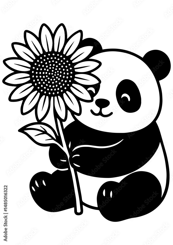 Naklejka premium Cute black and white vector of a panda holding a sunflower. Perfect for engraving, print, logo, book illustration, and creative projects