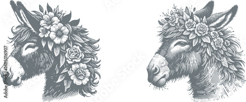 Intricate Donkey Head Engraving with Floral Hair Design, Snorting Expression Artwork for Woodcut, Rustic Animal Illustration Perfect for Home Decor and Craft Projects