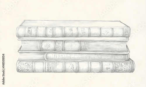 Graphite drawing showcasing a stack of four hardbound books, various sizes and textures, resting against a neutral backdrop