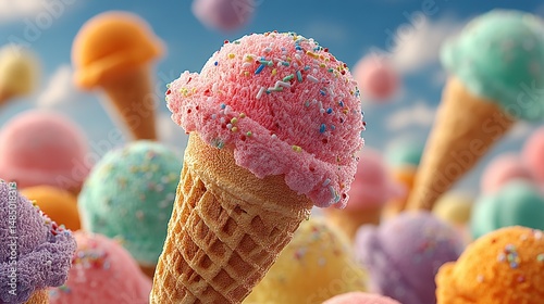 Floating Colorful Ice Cream Cones Background: Pastel Tones Blue Sky Banner Design, Close-Up High-Res Detail Studio Photography, Cinematic Lighting Low Contrast Soft Shadows photo